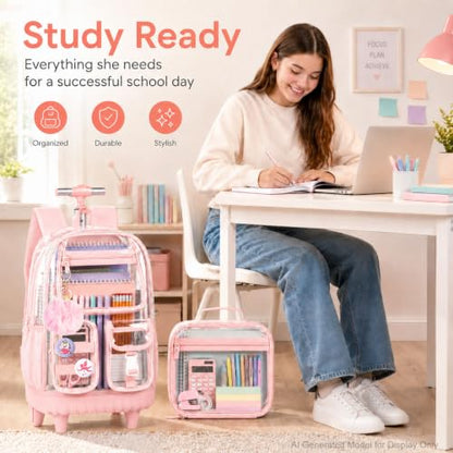 WZLVO 3PCS Clear Backpack Rolling Backpack for Girls, Heavy Duty PVC Transparent Bookbag, See Through School Bags with Wheels for Teens Women Elementary Travel - Pink - color: Pink