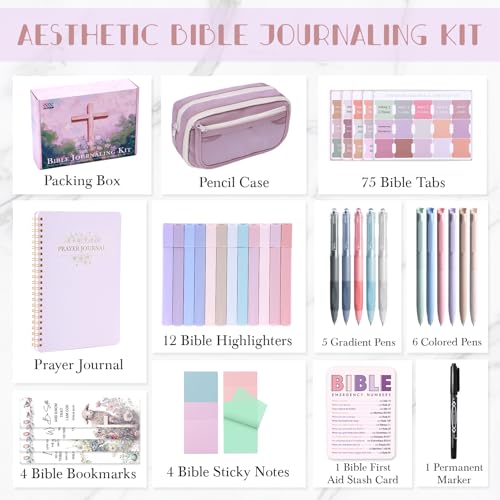 XKDOUS Bible Study Supplies Journaling Kit for Women, Bible Study Kit, 12 Pastel Highlighters and 12 Pens No Bleed, 75 Laminated Tabs, Prayer Journal Pencil Case and More, Purple - color: Purple