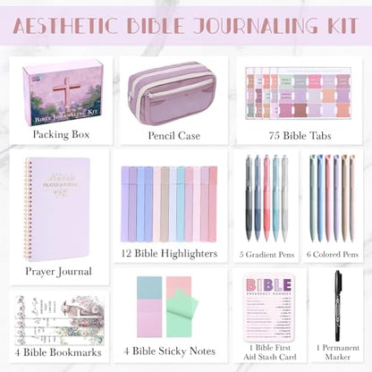 XKDOUS Bible Study Supplies Journaling Kit for Women, Bible Study Kit, 12 Pastel Highlighters and 12 Pens No Bleed, 75 Laminated Tabs, Prayer Journal Pencil Case and More, Purple - color: Purple