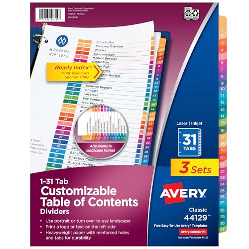 Avery 1-31 Dividers for 3 Ring Binders, 31 Tabs per Set, Customizable Table of Contents, Multicolor Tabs, Great for Organizing Reports, Projects, and More (3 Sets of 44129) - style: 3 Sets