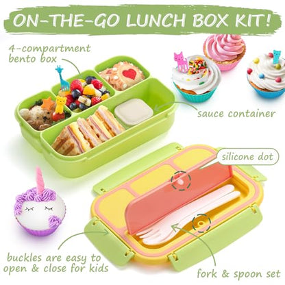 QQKO Bento Box for Kids Adults, School Toddler Lunch Box for Boys Girls, Lunch Box Containers with 4 Compartments, Sauce Container, Utensils, Food Picks and Muffin Cups for School, Pink Yellow Green - color: Pink Yellow Green