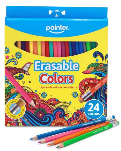 Pointer Erasable Colored Pencils with Hexagonal Shape, Soft Erasers, Vibrant Smooth Colors Comfortable Grip, Durable Quality Fun Creative Design Ideal for School Art Drawing Crafting Coloring - 24Pack