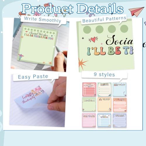 Social Worker Sticky Notes Gifts, 9 Pack Social Worker Appreciation Notepads 3x3 Inches, Social Work Writing Memo Pads School Office Supplies Gifts for Women Men (450 Sheets) - style: Social Worker