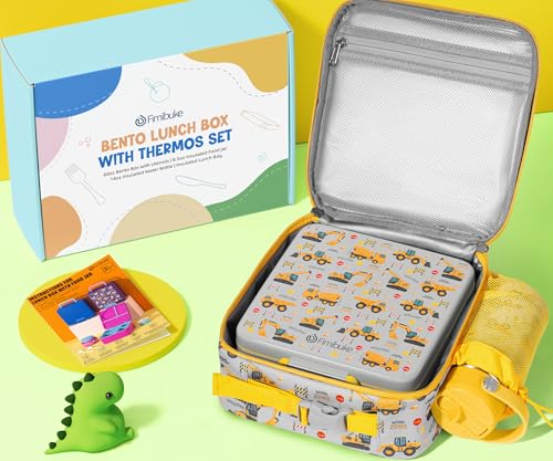 Fimibuke Bento Box for Kids Adult - Leakproof 3-4 Compartments Lunch Bento Box Set with Insulated Food Jar, Water Bottle, Lunch Bag, Sauce Cup & Cutlery for Toddler Teen Shcool Girl Boy Age 3+ - color: A7.Construction Trucks