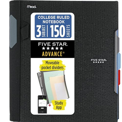 Five Star Advance Spiral Notebook + Study App, 3 Subject, College Ruled Paper, 8-1/2" x 11", 150 Sheets, Spiral Guard, Movable Tabbed Dividers, Black (73132) - color: Black, size: Pack of 1