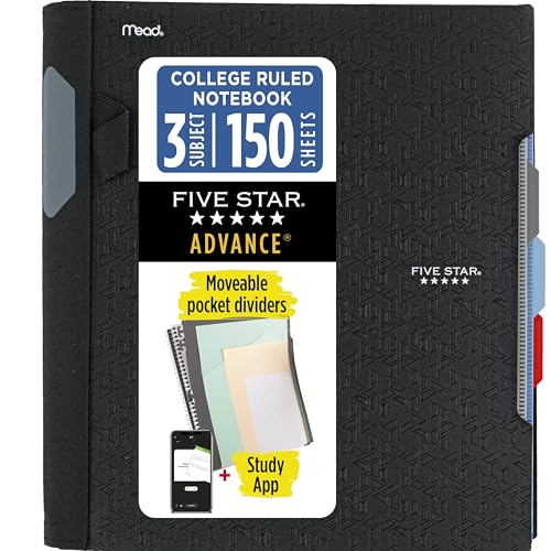 Five Star Advance Spiral Notebook + Study App, 3 Subject, College Ruled Paper, 8-1/2" x 11", 150 Sheets, Spiral Guard, Movable Tabbed Dividers, Black (73132) - color: Black, size: Pack of 1