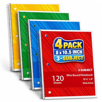 1InTheOffice Spiral Notebook College Ruled 11 x 8, 3-Subject College Ruled Notebooks, Wirebound Spiral Notebooks, 120 Sheets, Assorted Colors, 4 Pack