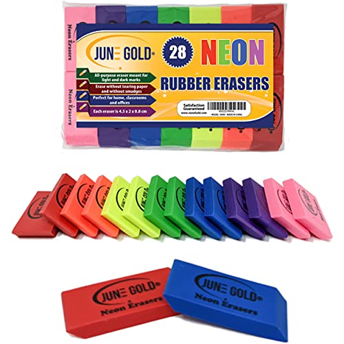 June Gold 28 Neon Colored Rubber Erasers | These all-purpose erasers are perfect for homes and offices - color: Neon