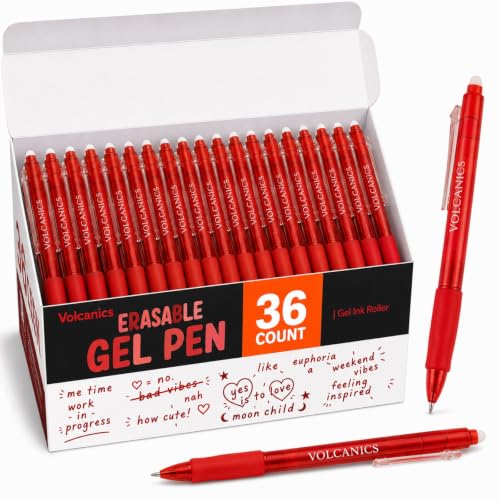 Volcanics Erasable Gel Pens Red Ink, 0.7MM,36 Pack Retractable Clicker Gel Ink Pen, Fine Point Smooth Writing for Office Work Journaling - color: Red