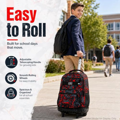 3Pcs Rolling Backpack for Boys Men, Travel Wheeled Backpacks for Adults, Teens College Roller Bookbag with Wheels for Men(Red) - color: Airbrush Red