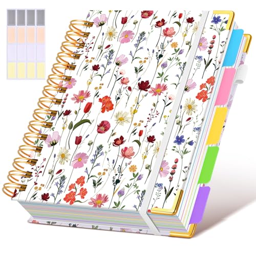 Hardcover Spiral Notebook journal with Removable Dividers Tabs, 300 Pages 5 Subject Notebook College Ruled, 100GMS Notebooks for Work School Note taking,Lined Journal for Women,A5-Flower white - color: Flower White, size: 6.2"x8.2"