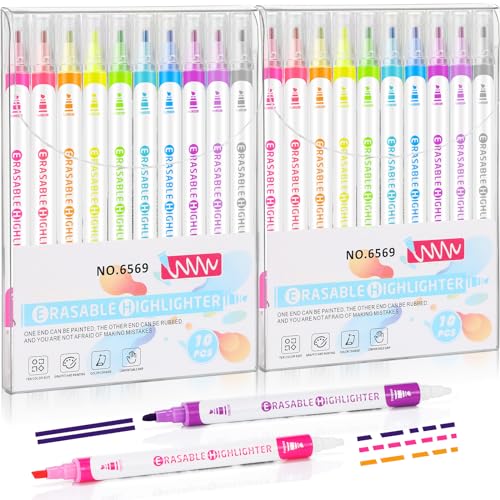 Zhehao 20 Pcs Erasable Highlighters Set, 10 Assorted Pastel Colors, Chisel Tip No Bleed Highlighters for Bible Journaling, Note Taking, Dual Tip with Eraser Cap for Students School Office Supplies