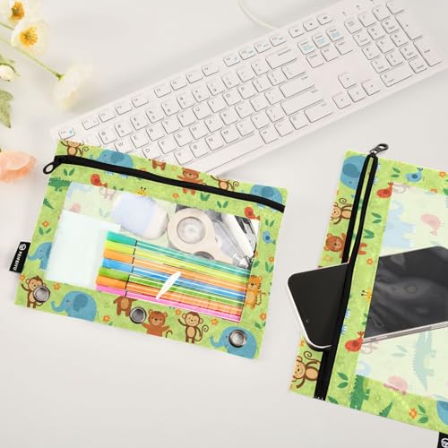 Emelivor Cartoon Animals Green Pencil Pouch for 3 Ring Binder 2 Pack Binder Pencil Case with Clear Window Pencils Bags with Zipper for Office Daily College Home Supplies - color: 31-Cartoon Animals