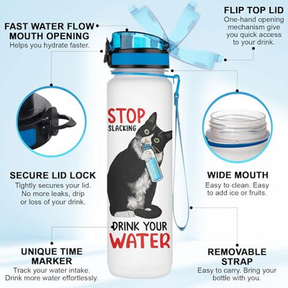 Funny Cat Hydration Water Bottle 32oz with Time Marker, Cute Cat Mom Gift for Women, Reusable Daily Motivation Drinking Bottle with Handle & Lid - color: Cat