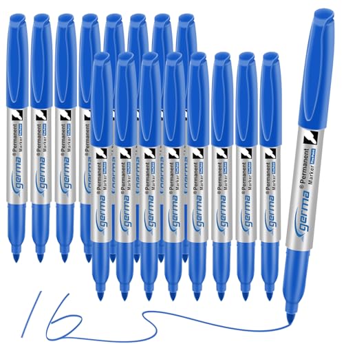 Cgerma Permanent Markers Fine Point, 16 Pack Blue Fine Tip Permanent Markers Set, Quick Drying, Fade Resistant, Works on Plastic, Wood, Stone, Metal and Glass For Home, Office, School - color: blue