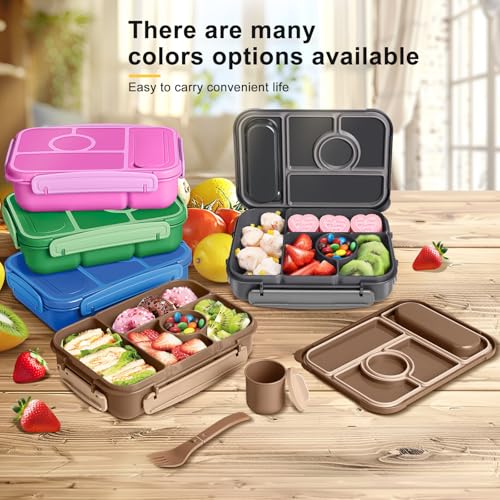 Amathley Bento Box Adult Lunch Box Kids,Lunch Containers for Adults/Kids/Toddler,5 Compartments Bento Lunch Box with Sauce Vontainers,Microwave & Dishwasher & Freezer Safe,BPA-Free (Brown) - color: Brown