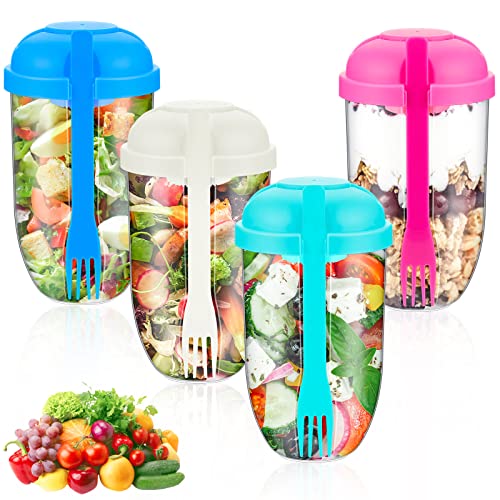 Roshtia 4 Pcs Salad Cup with Lids Fork Sauce Container Salad Shaker Container for Lunch, Keep Fit Food Dressing Cup for Portable Breakfast Meal Vegetable and Fruits