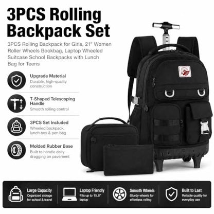 WZLVO 3PCS Rolling Backpack for Girls, 21 inch Water Resistant Roller Backpacks with Wheels, Wheeled Bookbag for Elementary Teens Women - Black - color: Black