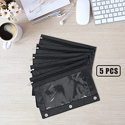 Pencil Pouch for 3 Ring Binder, Large Pencil Case with Clear Window, Metal Zipper Binder Pencil Pouches Fit Standard Binders, Durable Organizer for Office School Supplies Black 5 Pack - color: Black