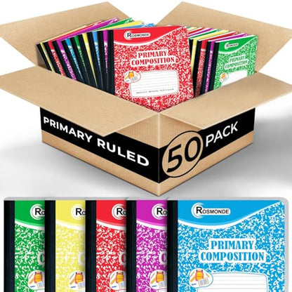 Rosmonde 50 Pack Bulk Composition Notebook, K-2 Primary Ruled, 200 Pages (100 Sheets), 9-3/4 x 7-1/2, Primary Composition Notebook Bulk With Header For Drawing, Grades K-2, Bulk School Supplies - size: 50 Pack | Bulk Value, style: Primary Ruled - Color Ma