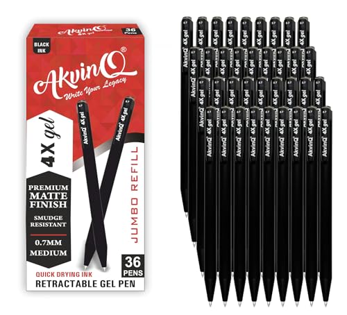 AKVINQ® 4X Gel Retractable Gel Pen | 0.7mm Medium Point | Black Gel Ink Pens | Pack of 36 Pens | Premium Matte Finish | Jumbo Refill | Bulk Pack for Journaling, Writing, Note-Taking, Office Supplies - size: 1 Count (Pack of 36)