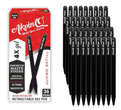 AKVINQ® 4X Gel Retractable Gel Pen | 0.7mm Medium Point | Black Gel Ink Pens | Pack of 36 Pens | Premium Matte Finish | Jumbo Refill | Bulk Pack for Journaling, Writing, Note-Taking, Office Supplies - size: 1 Count (Pack of 36)