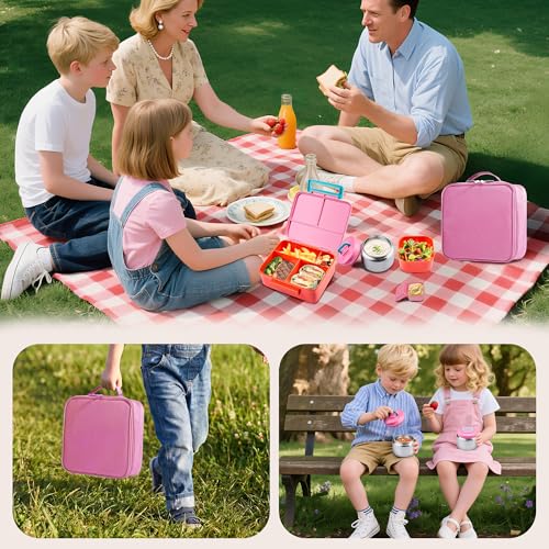 Bento Lunch Box for Kids with Thermo, Leakproof Bento Box with 8oz Insulated Food Jar, Lunch Bag, BPA Free Dishwasher Safe 4 Compartment Container for School Girls Boys (Pink) - color: Pink1