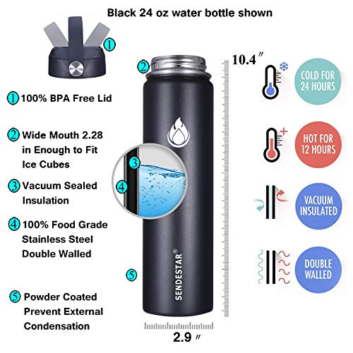 SENDESTAR Insulated Water Bottle 24 OZ, Wide Mouth 24 oz Water Bottle with Straw Lid, Spout Lid, Double Wall Vacuum Stainless Steel Leak Proof, Keeps Liquids Hot or Cold (Black) - color: Black, size: 24 Ounces