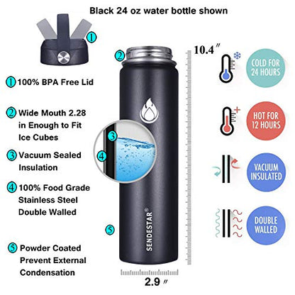 SENDESTAR Insulated Water Bottle 24 OZ, Wide Mouth 24 oz Water Bottle with Straw Lid, Spout Lid, Double Wall Vacuum Stainless Steel Leak Proof, Keeps Liquids Hot or Cold (Black) - color: Black, size: 24 Ounces