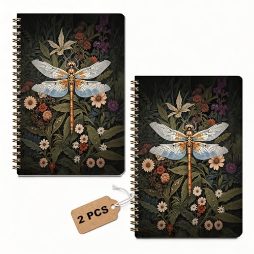 2 Pcs Vintage Floral Dragonfly Spiral Notebook, Dragonfly Gifts College Ruled Spiral Notebook, Floral Themed Notebooks, 160 Ruled Pages Hardcover Journals for Writing Office, Floral Lover Gifts - color: Multicolour 0027