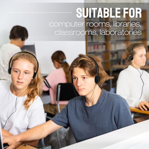 Konohan 30 Pack Bulk Classroom Headphones Wired Black Adjustable Over Ear Earbuds Headphones with 3.5 mm Plug for Teen Adults Students Schools Library Computer Labs Office Airplane