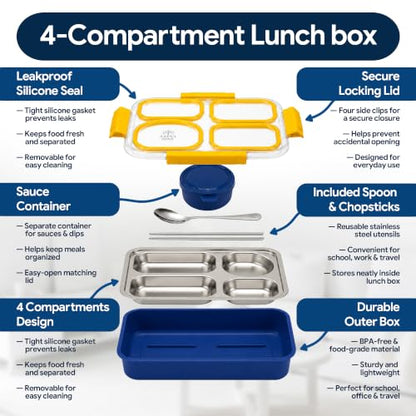 Large 10 x 7.5" Stainless Steel Bento Lunch Box with 4 Compartments Leakproof Lid BPA-Free 304 Stainless Steel Food Container - Keeps Food Separate for Adults and Kids School Office and Travel, Yellow - color: Yellow