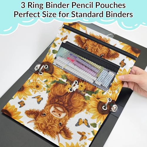 Sunflower Highland Cow Pencil Pouch for 3 Ring Binder Cattle Butterfly Pencil Case Bag with Clear Window Zipper Pockets for Kids Girls Boys Students School College Supplies 2 Pack