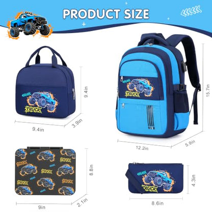 ACESAK Boys Backpack - Off-road Vehicle Bento Box with Insulated Lunch Bag Pencil Case & Utensils Set for Kids, 6 Leakproof Compartments Removable Tray Lunches or Snack Container - color: Blue Vehicle