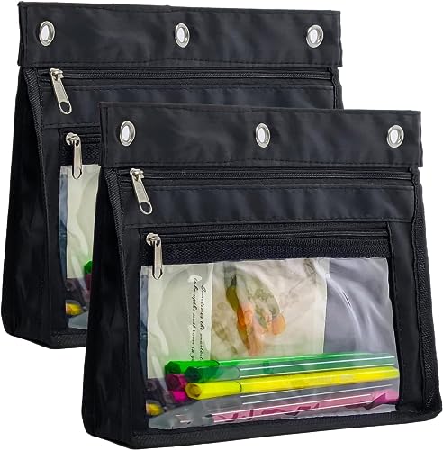YoeeJob 2 Pack 1 Inch Expandable Zipper Pencil Pouches with Clear Window for 3 Ring Binder, Suitable for School & Office (Black) - color: Black