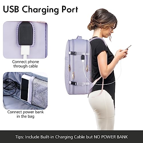 MOMUVO Large Travel Backpack Women, Flight Approved Carry On Backpack, Water Resistant Anti-Theft Large Casual Daypack Fit 17 Inch Laptop with USB Charging Port - color: Purple, size: 17.3 inch