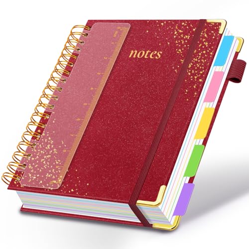 Hardcover Spiral Notebook with Removable Dividers & Tabs, 8.5"x11" 5 Subject Notebooks for Work, 300 Pages College Ruled Notebook, A4 Sparkle Lined Journal for Women Girls Note-Taking (Wine Red) - color: Wine Red, size: 8.5''x 11''