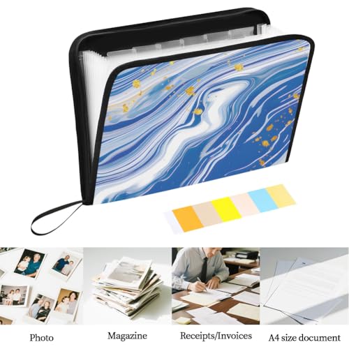 WEBEEDY Aesthetics Expanding File Folder with 13 Pocket, Zipper and Labels, A4 Size Portable Accordion Folder Letter Bill Receipt Document Organizer for Travel Office Home (Blue Water Flow Pattern)