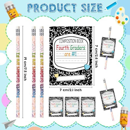 Tenceur 24 Set/48 Pcs Back to School 4th Graders Pencils and Cards Set, Fourth Grade Motivational Wooden Pencil with Erasers, Composition Book Greeting Note for Student Classroom Reward Gift - style: 4th Graders