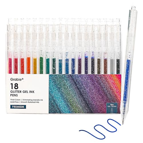 Grabie Glitter Gel Pens, 18 Colors Glitter Gel Pens Set, Retractable Sparkle Gel Ink Pens for Coloring Books, Journaling, Drawing, Scrapbooking & DIY Crafts, Smooth Writing Art Pens for Creative Work - color: 18 Colors Retractable Glitter Gel Ink Pens