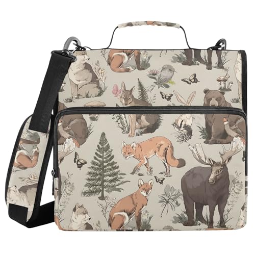 3 Ring Zipper Binder Vintage Forest Fox Wolf Bear Binders Bag with Shoulder Strap 500 Sheets Paper Organizer Trapper Keeper Documents Storage File Folder for School Office - color: A2802