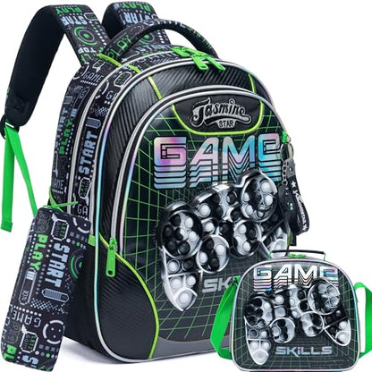 Backpack for Girls Elementary Preschool Kids Lunch Box for School - color: 02 Green Game