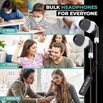 JustJamz Bulk Earbuds 100 Pack | Wired in-Ear Earphones for Classroom, Students, Kids, and Libraries | Disposable Headphones with 3.5mm Jack, Perfect for Schools, Laptops, and Chromebooks, Black