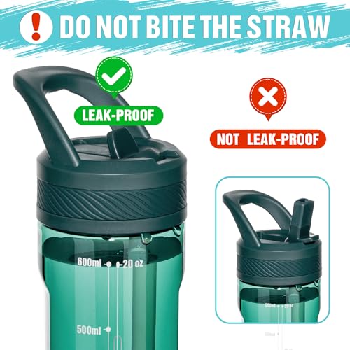 OLDLEY 20oz Kids Water Bottle with Straw, BPA-Free Tritan Water Bottle for School, Leakproof Clear Water Bottle with One Click Open, Measurement Scale, Cup Holder Friendly for Boys Girls,Lagoon - color: Lagoon