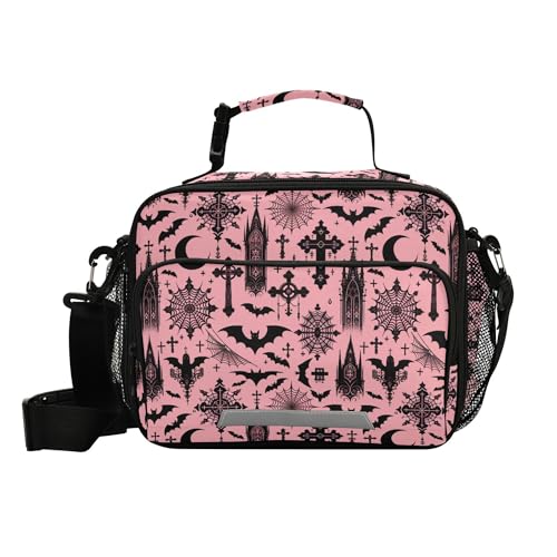 MNSRUU Student Lunch Bag Black Gothic Moon Spider Webs and Bats Insulated DinnerTotes Picnic Bag Lunch Box with Adjustable Shoulder Strap for Teen Kids Adults - color: Bats I8897