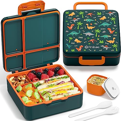 Fimibuke Bento Lunch Box for Kids, Toddler Bento Box with 4 Compartments | Leak Proof BPA Free Dishwasher Safe Lunch Container with Utensils, Ideal Portion Sizes for Ages 3-12 Girls Boys for School - color: A16. Green Dinosaur
