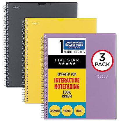 Five Star Interactive Notetaking Spiral Notebooks, 3 Pack, 1-Subject, College Ruled Paper, 11" x 8-1/2", 100 Sheets, Customizable Cover, Black, Amethyst Purple, Harvest Yellow (820196-ECM)