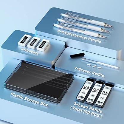 Four Candies Cute Mechanical Pencil Set with Case - 3PCS Pencils 0.5mm with 180PCS HB Lead Refills, 3PCS Erasers, 9PCS Eraser Refills, White Clear Mechanical Pencil for Students Drawing, Writing - size: White-0.5MM