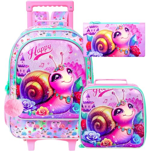 3Pcs Rolling Backpack for Girls, Snail Roller Bookbag with Lunch Box, Kids School Backpacks with Wheels for Elementary Preschool(Pink) - color: Snail Pink