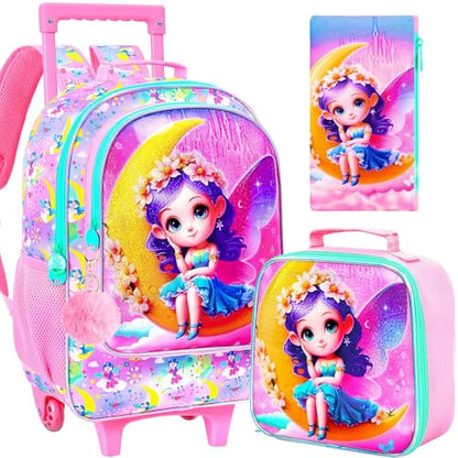 3PCS Kids Rolling Backpack, Girls Roller Wheels Bookbag, Wheeled Elementary School Bag with Lunch Bag - Mermaid - color: Moon Xn Zifa Roller